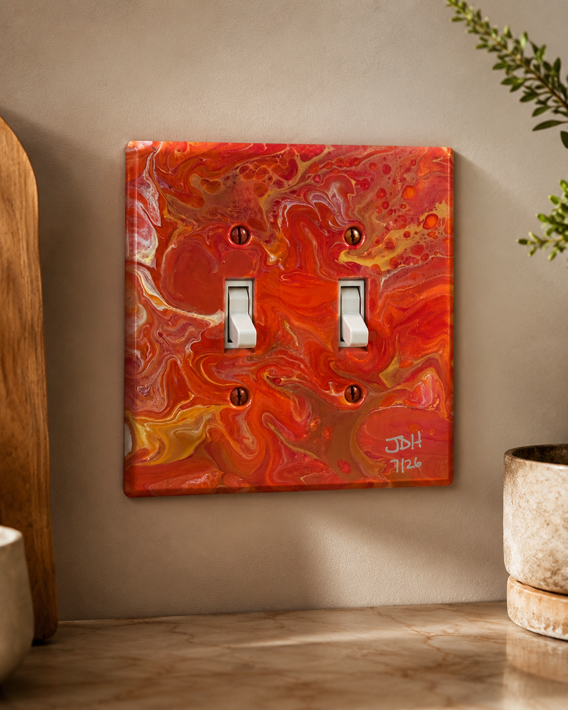 Apricot Emberline, an original painted lightswitch cover by JD Hecht