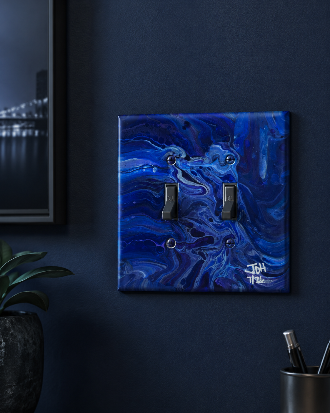 Deep Blue Errand, an original painted lightswitch cover by JD Hecht