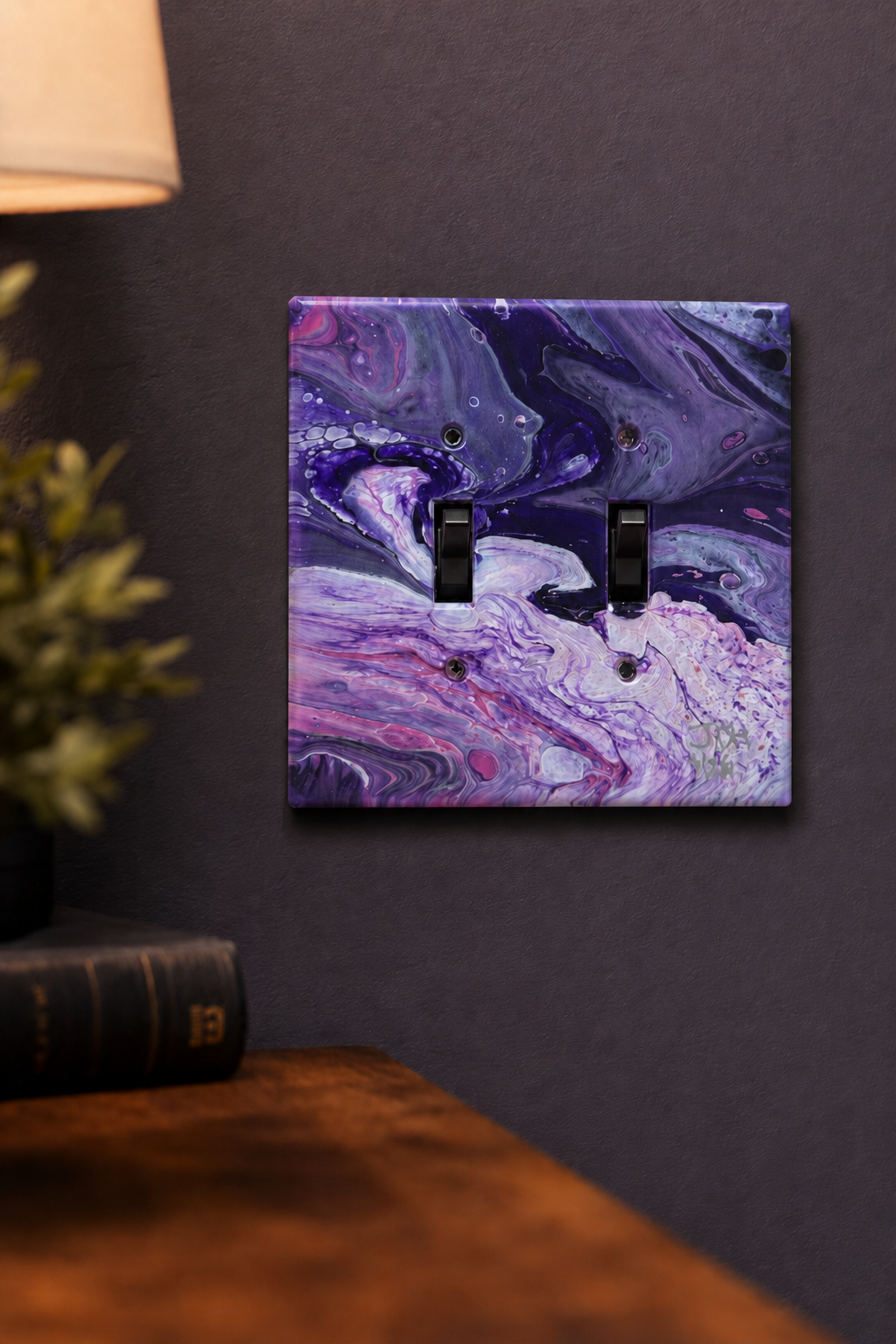 Lavender Wake, an original painted lightswitch cover by JD Hecht