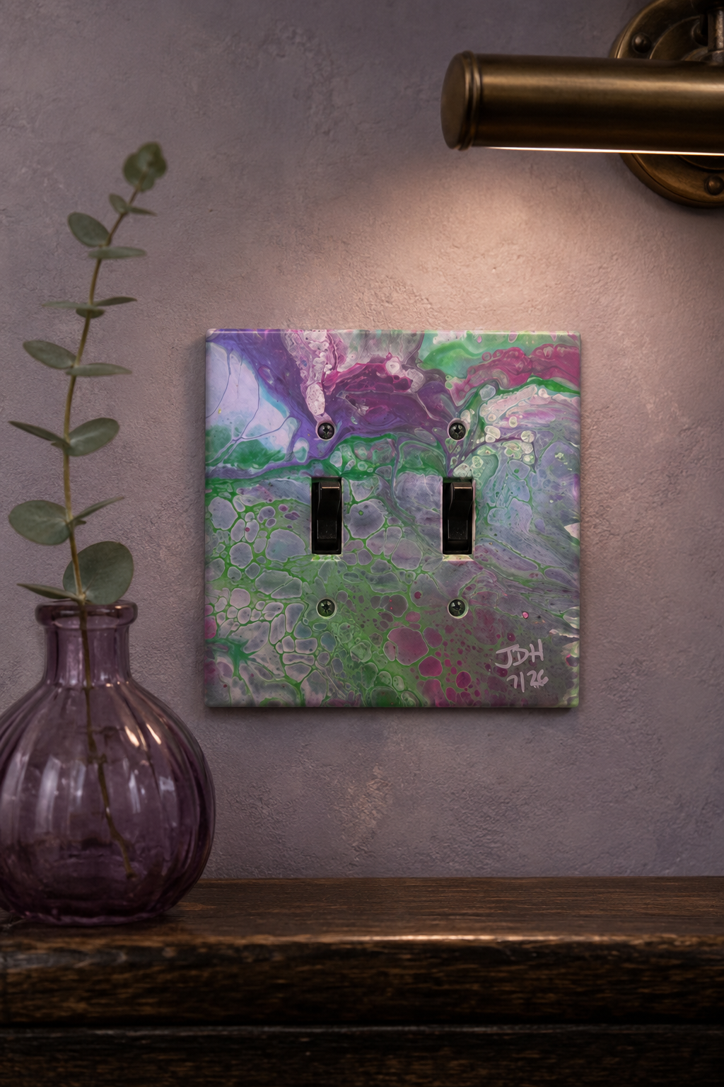 Violet Mosswork, an original painted lightswitch cover by JD Hecht